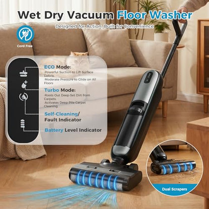 OLIXIS Wet Dry Vacuum Cleaner, Cordless All-in-One Vac Mops, Vacuum Mop with Self-Cleaning System, Dual Water Tank Design, Tangle-Free Brush, Dual-Edge Cleaning, 35-Min Runtime - color: Jet Black