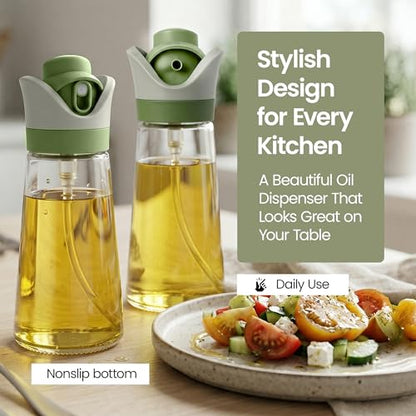 Olive Oil Dispenser for Kitchen 2-in-1 Pour and Spray | 11.5 oz / 340 ml | Glass Olive Oil Sprayer for Cooking, Airfryer, Salad & BBQ | Set of 2 Bottles, Green - color: Green