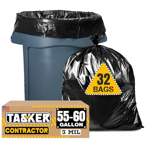 Tasker Contractor Garbage Bags 55 Gallon 3 Mil Heavy Duty (32 Bags w/Ties) 60 Gal Contractor Bags 3 Mil. 55 Gallon Heavy Duty X-Large Black Trash Bags 50 Gal, - size: 1 Count (Pack of 32)