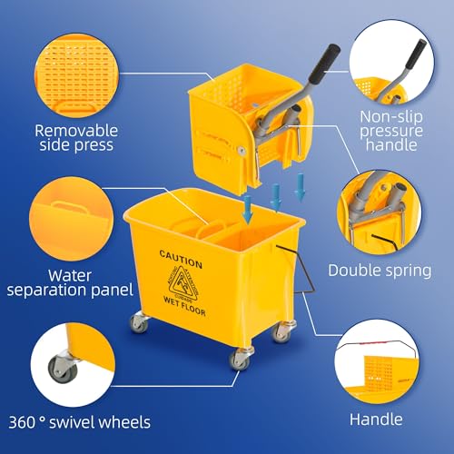 5.5Gallon Industrial Grade Mop Bucket with Adjustable Wringer, Vibrant Yellow Weather-Proof Finish, Effortless Cleaning for Efficient Cleanup