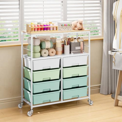 Rolling cart with 8 drawers,Storage drawer cart with wooden tabletop,Lockable wheels organizer for homeschool, arts & crafts, classroom, office & creative spaces (Green) - color: Green