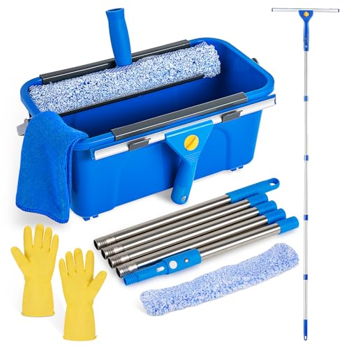 Professional Window Cleaning Kit, Window Washing Kit with 3 Gallon Bucket, 14-Inch Squeegee & 15-Inch Scrubber, 76-Inch Extendable Pole, Window Cleaning Equipment for Home & Commercial (76 inch)
