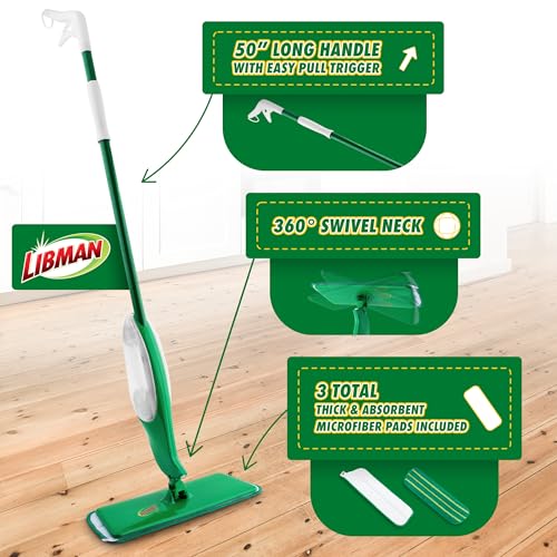 Libman Freedom Spray Mop Kit, Microfiber Wet Mops for Floor Cleaning, Hardwood, Laminate, Tile Cleaner, Household Tool, 24 Oz Solution Tank, Two Extra Replacement Refill Heads Included - style: Spray Mop Kit