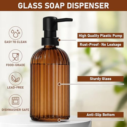 Kitchen Soap Dispenser Set, 14.4 oz/425 ml Hand and Dish Soap Dispenser Set, Dish Soap Dispenser with Sponge Holder & Diatomite Tray, for Countertop Organizer, Amber - color: Amber