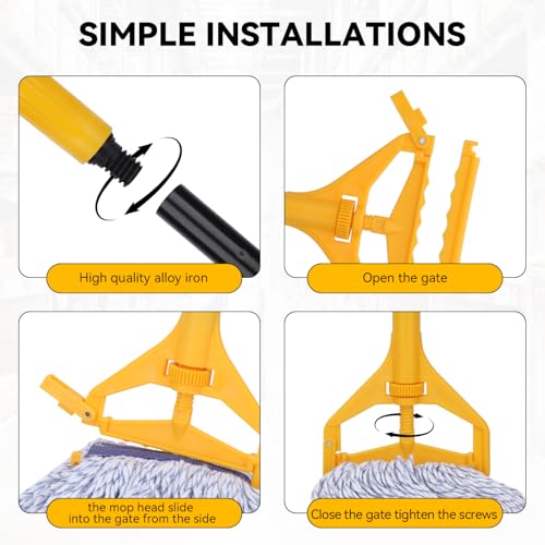 Mop Handle Commercial Heavy Duty - 57 Inch Industrial Metal Mop Stick Replacement for Floor Cleaning - Professional Mops Head Replacement Holder - color: Black&Yellow 1 - Plastic Clamp