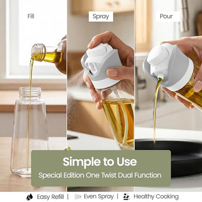 Olive Oil Dispenser for Kitchen 2-in-1 Pour and Spray | 11.5 oz / 340 ml | Glass Olive Oil Sprayer for Cooking, Airfryer, Salad & BBQ | Set of 2 Bottles, White - color: White