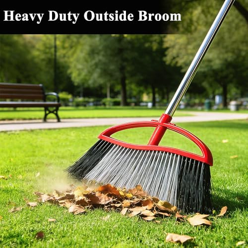 Commercial Heavy Duty Outdoor Broom, 15.7" Extra Wide Angle Broom with 4-Layer Stiff Bristles, Adjustable 38-53.5" Handle for Patio Garage Garden Yard Concrete (Red) - color: Red