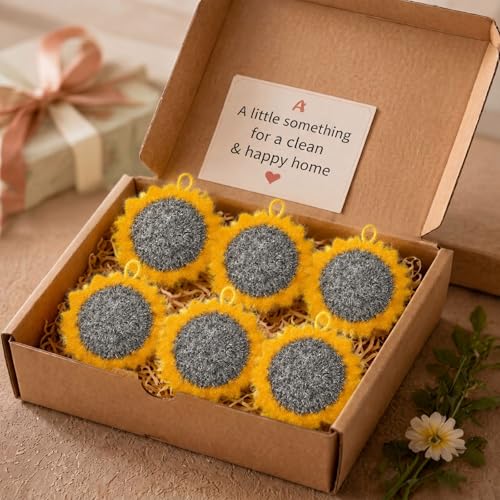 Breling 6 Piecs Fun Sunflower Shape Dish Sponge Gifts Dual Sided Non Scratch Dish Washing Scrubbers, Reusable Household Cleaning Kitchen Tools for Dishwashing Cookware Spring Kitchen Decor - style: Sunflower