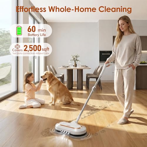 AlfaBot Cordless Electric Mop for Floor Cleaning, Dual Spin with LED Headlight, Water Spray, Long-Lasting Battery, Self-Propelled Floor Cleaner with Adjustable Tube for All Floors