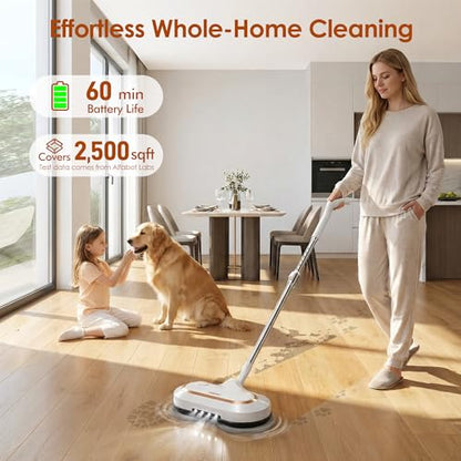 AlfaBot Cordless Electric Mop for Floor Cleaning, Dual Spin with LED Headlight, Water Spray, Long-Lasting Battery, Self-Propelled Floor Cleaner with Adjustable Tube for All Floors