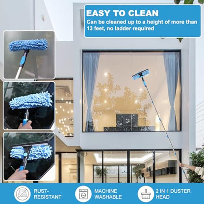 High Reach Duster Kit with14 ft Extension Pole High Ceiling Dusting and Window Cleaning Kit with Spliceable Pole - Cobweb Duster, Fan Blade, Window Washer & Squeegee and Feather Dusters - size: 16-150inch-15pcs