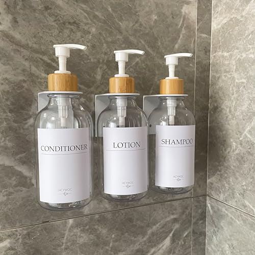 Shampoo Dispenser for Shower Wall, Shampoo and Conditioner Dispenser with 16 Waterproof Labels, No Drill Shower Soap Dispenser Bathroom, Shower Soap Dispenser Wall Mounted,17oz, 3 Pack, Clear - color: 1-clear Bottle + Bamboo Pump