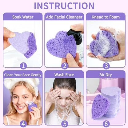 100-Count Compressed Facial Sponges, Heart Shape Face Sponge for Cleansing, Natural Cosmetic Spa Sponges for Facial Cleansing, Exfoliating Mask (Purple Heart Sponges) - color: Purple