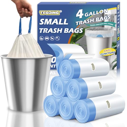 Small Trash Bags 4 Gallon Drawstring,1.1 Mil,Unscented,120 Count | Tear-Free,Leakproof,Strong Garbage Can Liners,White,Fit 12 - 15 Liter Waste Bins,for Home Bathroom Office Car Everyday Use - color: 4gal-120