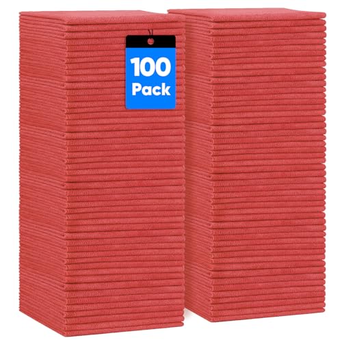 HOMEXCEL Red Shop Towels 100 Pack, Reusable Microfiber Cleaning Cloth Bulk, Multipurpose Microfiber Towels for Cars, House and Kitchen, Highly Absorbent Cleaning Rags 11.5 x 11.5 inch - color: Red