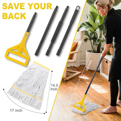 Commercial Mop with 3 Extra Large Replacement Heads,59" Long Handle Heavy Duty Industrial Mops for Floor Cleaning,Looped-End String Wet Cotton Mop for Home,Kitchen,Office,Garage,Concrete/Tile Floor - size: Large