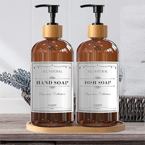 Sunrise Premium 16 OZ Thick Amber Glass Soap Dispenser, Bamboo Pump with Tray 4 Pack, Hand and Dish Soap Dispenser Set for Bathroom with 12 Waterproof Labels - color: Plastic Bamboo Pump - Amber Glass Pack 4