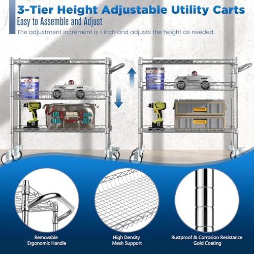 Leteuke 3 Tier Rolling Carts with Wheels, Heavy Duty Rolling Utility Cart,NSF Commercial Grade Metal Cart with Handle&Shelf Liner,Trolley Serving Cart for Kitchen,Restaurant,Plant Display,Chrome - color: Matte Chrome