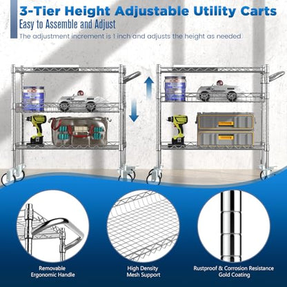 Leteuke 3 Tier Rolling Carts with Wheels, Heavy Duty Rolling Utility Cart,NSF Commercial Grade Metal Cart with Handle&Shelf Liner,Trolley Serving Cart for Kitchen,Restaurant,Plant Display,Chrome - color: Matte Chrome