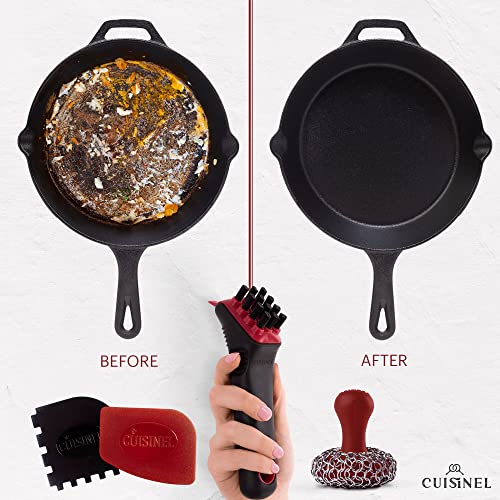 Cuisinel Cast Iron Chain Mail Scrubber + Cleaning Brush + Pan & Grill Scrapers - The Ultimate Skillet and Grill Cleaner Kit - Soft-Touch Confident-Grip Dish Scrub Tool - Silicone/Stainless Accessories - color: Red, size: Full Set