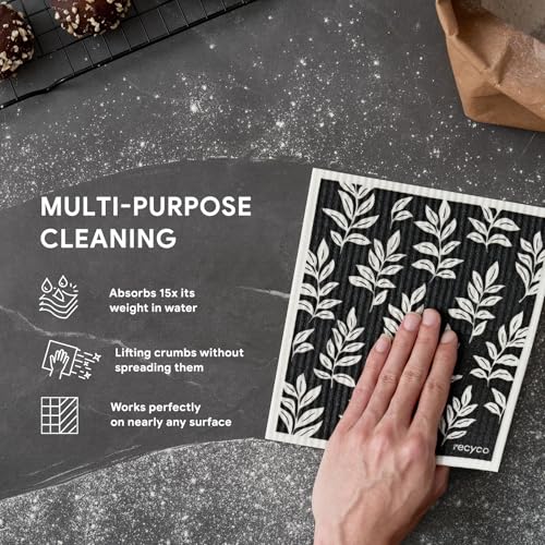 RECYCO Swedish Dishcloths for Kitchen | 5 Pack Mystic Meadows Washable Dish Rags | Cellulose Reusable Cleaning Paper Towels | Absorbent Counter Dish Cloth Sponge Kitchen Wipes, 8" L x 7" W - color: Black & White Mystic Meadows-5 Pack