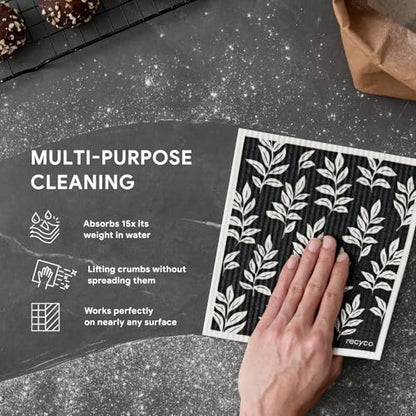 RECYCO Swedish Dishcloths for Kitchen | 5 Pack Mystic Meadows Washable Dish Rags | Cellulose Reusable Cleaning Paper Towels | Absorbent Counter Dish Cloth Sponge Kitchen Wipes, 8" L x 7" W - color: Black & White Mystic Meadows-5 Pack