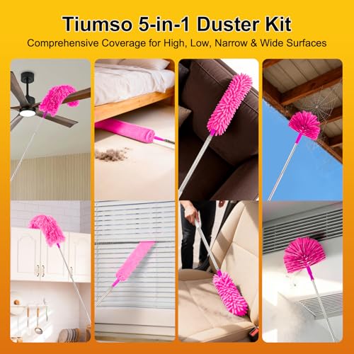 Tiumso 5-in-1 Duster with Extension Pole 100 inch Extendable Dusters for Cleaning Anti-Spin Reusable Dusting Kits for High Ceiling Fans, Cobwebs & Vents, Reinforced Stainless Steel Telescopic Handle - color: Rose Red