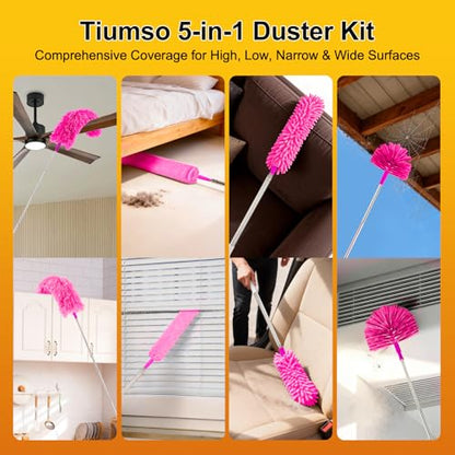 Tiumso 5-in-1 Duster with Extension Pole 100 inch Extendable Dusters for Cleaning Anti-Spin Reusable Dusting Kits for High Ceiling Fans, Cobwebs & Vents, Reinforced Stainless Steel Telescopic Handle - color: Rose Red