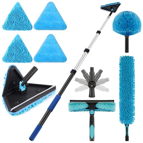 20 Foot Painted Wall Cleaner Mop with 12 Ft Heavy Duty Extension Pole, 3-in-1 High Ceiling Cleaning Tool with 4 Microfiber Chenille Pad, Cobweb Duster, Fan, Baseboard, Window Squeegee Kit (12ft) - size: 12ft