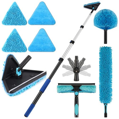 20 Foot Painted Wall Cleaner Mop with 12 Ft Heavy Duty Extension Pole, 3-in-1 High Ceiling Cleaning Tool with 4 Microfiber Chenille Pad, Cobweb Duster, Fan, Baseboard, Window Squeegee Kit (12ft) - size: 12ft