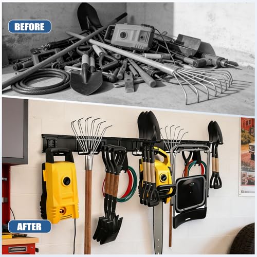 66'' Garage Tool Organizer Wall Mount 18Pack 750lbs Heavy Duty | Include 14 Adjust Hooks Garden Tool Organizer, Garage Wall Organizer for Garden Yard Tool Shovel Rake Broom Ladder Weed Eater - size: 66''-18Pack