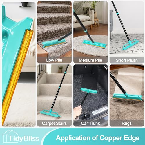 TidyBliss Carpet Rake for Pet Hair Removal Tool, 56.7” Long Handle Silicone Rug Scraper Broom, Double-Sided Dog Cat Fur Comb Brush for Mats, Couch, Furniture, Car Interiors (Blue)