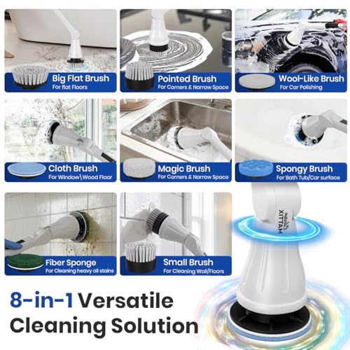 Electric Spin Scrubber – 8-in-1 Cordless Power Scrubber with 8 Brush Heads & Extendable Handle – Rechargeable Cleaning Brush for Bathroom, Shower, Tile, Grout, Tub & Floor