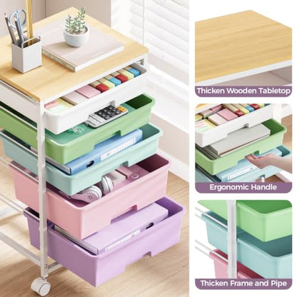 SYKIARIOL 5-Tier Rolling Utility Storage Drawer Craft Cart on Wheels with Wooden Tabletop, Mobile Craft Storage Drawer Cart Trolley for Home Office, Classroom, Craft Room & Kid Room, Ice Cream - color: Ice Cream