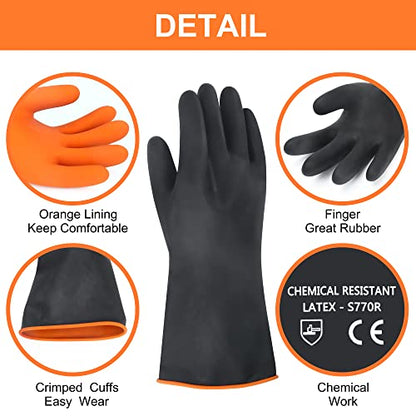 14" XL Size Latex Chemical Resistant Gloves, Reusable Heavy Duty Long Rubber Gloves Dishwashing Glove, Industrial Safety Gloves for Men, Forearm Protection Waterproof Resist Strong Acid, Alkali, Oil - size: 14 inch