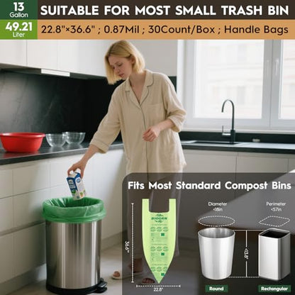 10-13 Gallon Compostable Trash Bags with Handles Tie 30 Bags Biodegradable Garbage Bags Food Scrap Green Waste Bags Thick 0.87 Mil 49.21 Liter ASTM D6400, US BPI and OK Compost Home Certified - color: 13 Gal, Handles Bags, 30 Count