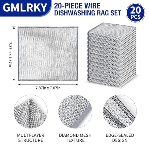 20 Pcs Value Pack Non Scratch Steel Wire Dishcloth, 7.87"x7.87" 2-Layer Multipurpose Rags - Reusable for Kitchen Dishes, Sinks, Stove Tops, Safe for Non-Stick