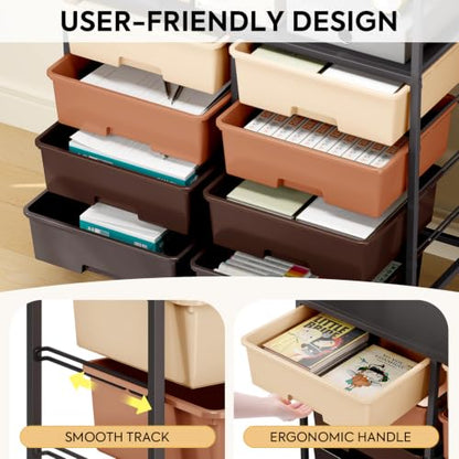 Rolling cart with 8 drawers,Storage drawer cart with wooden tabletop,Lockable wheels organizer for homeschool, arts & crafts, classroom, office & creative spaces (Brown) - color: Brown