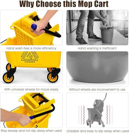Mop Bucket, Commercial Bucket for Mopping on Wheels with Potable Handle, Mop Bucket with Wringer for Home, Household, Office, Bathroom, Yellow (25 Quarts) - size: 25 Quarts