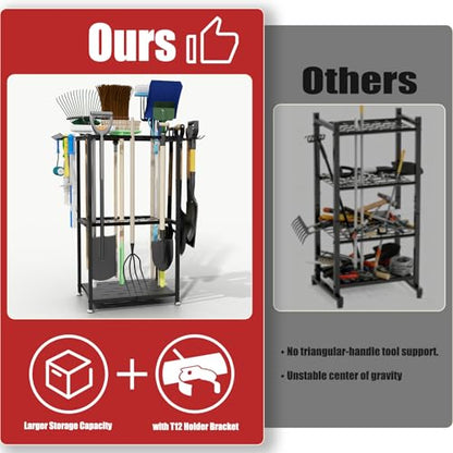 Faesun Garden Tool Organizer, 3-Tier Metal Yard Tool Rack with 14 Hooks & 5 Slots, Holds 50+ Rakes/Shovels/Brooms, Heavy Duty Freestanding Lawn Tool Storage for Garage Shed Outdoor Organization - size: Stand