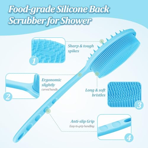 Silicone Back Scrubber & Bath Glove Set 2PCS, 13.4'' Gentle Shower Back Scrubber with Dual-Side Head Non-Slip Handle, 360° Anti-Slip Hand-fit Bath Glove for Rich Foaming Deep Cleaning(Blue) - color: Blue*2