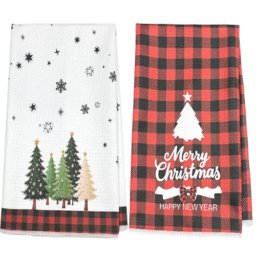 Christmas Kitchen Towels Set of 2 Pack -Red & Black Buffalo Plaid Waffle Weave Dish Towels for Xmas Housewarming Gifts,Xmas Tree Hand Towels for Bathroom,Holiday Decor for Home - color: Xmas Tree