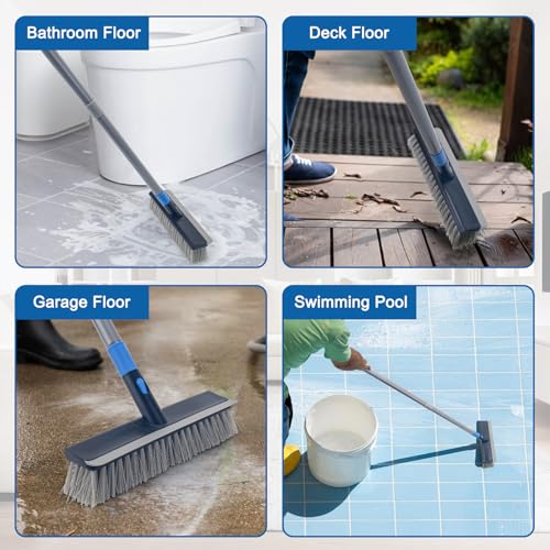 KeFanta Deck Brush with Long Handle, 2 in 1 Floor Scrub Brush for Cleaning, 56" Stiff Bristle Outdoor Scrubber Brush for Patio Concrete Boat Garage Bathroom Kitchen Wall Shower