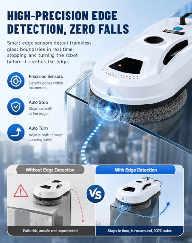 Automatic Window Cleaning Robot, Robot Window Cleaner with AI Intelligent Positioning & Edge Detection & Powerful Suction, Anti-Drop Safety for High-Rise Glass & Large Bay Windows