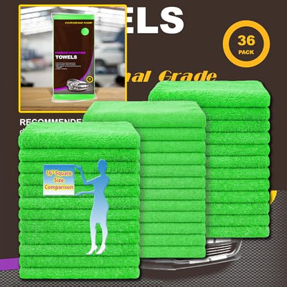 Green Large Microfiber Cleaning Towels,36-Pack Dual-Sided Ultra Soft Plush Washcloth, Professional Grade Premium Microfiber Detailing Cleaning Cloths, Car, Household and Commercial (Green, 16" X 16") - color: Green