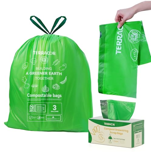 3 Gallon Compostable Trash Bags Drawstring, Heavy Duty Extra Thick 0.9 Mil, 45 Bags, Fits 2.6, 3, 4, 5 Gallon Countertop Bin Kitchen Food Scrap Waste Bag, ASTM D6400 - size: 3 Gallon