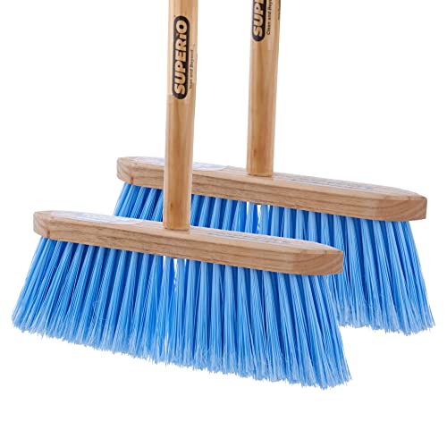 Superio Kitchen Broom - USA Wood Handle, Fine Premium Blue Bristles - Heavy Duty Household Broom - Easy Swiping Dust and Wisp, Home, Kitchen, Lobby, Floors and Corners 2-Pack - color: Synthetic, size: 2 Pack Wood Handle