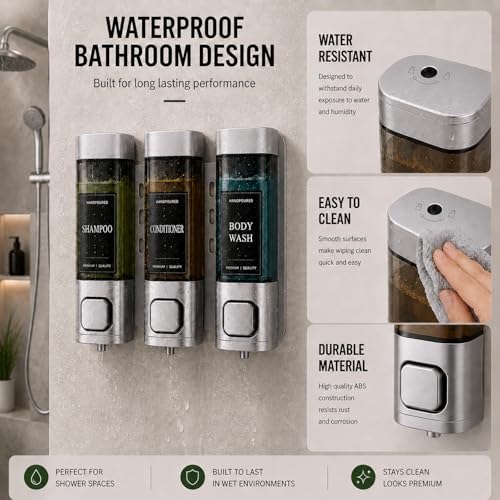 Shampoo and Conditioner Dispenser, Shower Soap Dispenser Wall Mounted, Shower Dispenser 3 Chamber No Drill for Bathroom Large Capacity (Silver) - color: Sliver