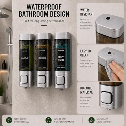 Shampoo and Conditioner Dispenser, Shower Soap Dispenser Wall Mounted, Shower Dispenser 3 Chamber No Drill for Bathroom Large Capacity (Silver) - color: Sliver