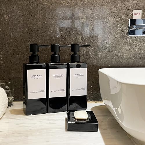 Shampoo Dispenser for Shower Wall, Shampoo and Conditioner Dispenser with 16 Waterproof Labels, No Drill Shower Soap Dispenser Bathroom, Shower Soap Dispenser Wall Mounted 3 Chamber, 17oz,Black - color: Black Bottle + Black Pump